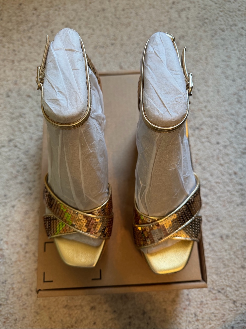 Sam Edelman Gold Sequin Platform Block Heel Sandals - Picture 2 of 9